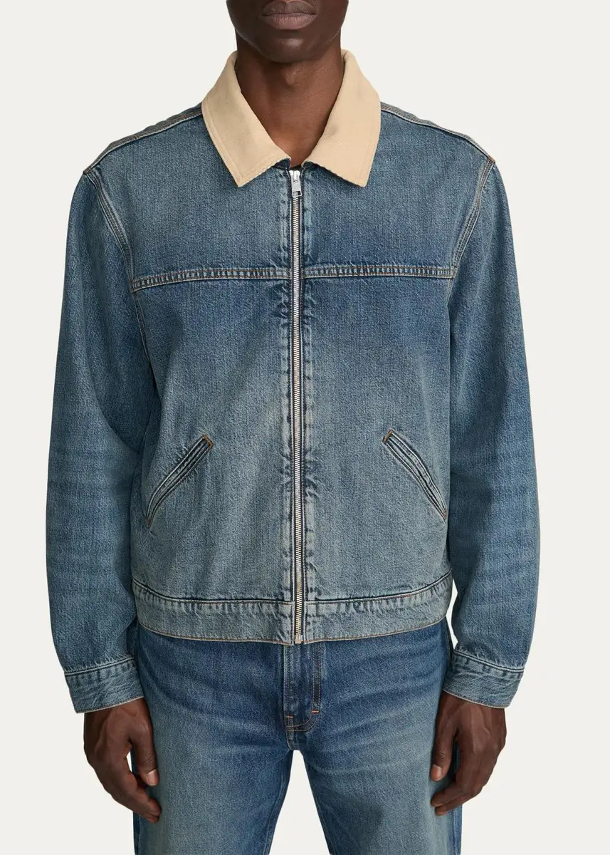 Frame Men's Corduroy-Collar Denim Zip Trucker Jacket | Thumbnail 4 Frame Men's Corduroy-Collar Denim Zip Trucker Jacket | Thumbnail 4