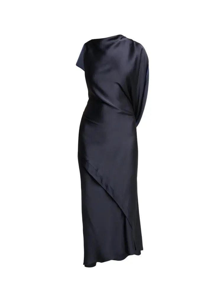 Victoria Beckham Kyra Satin Asymmetric Midi Dress | Image 1 Victoria Beckham Kyra Satin Asymmetric Midi Dress | Image 1