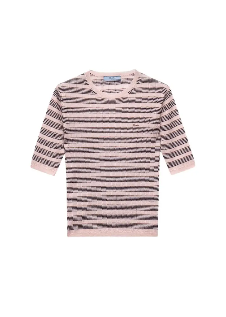 Prada Striped Silk-Cashmere Short-Sleeve Sweater | Image 1 Prada Striped Silk-Cashmere Short-Sleeve Sweater | Image 1