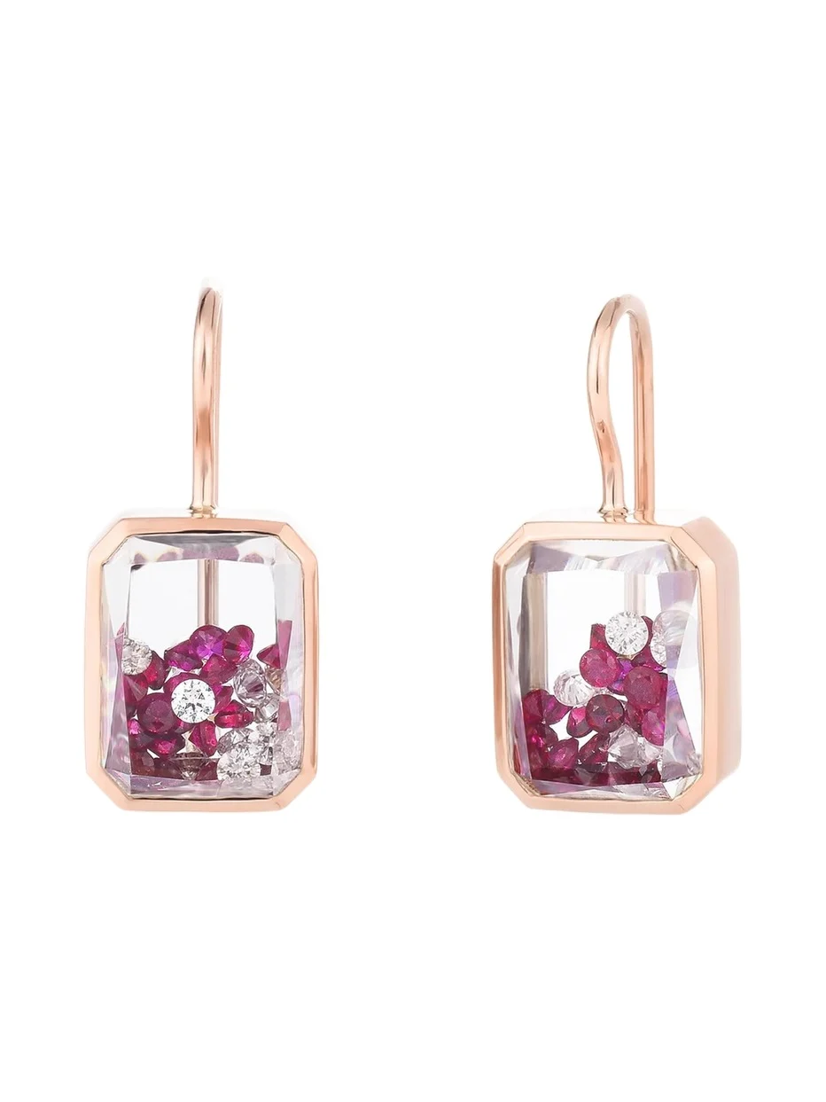 18K Rose Gold Esmeralda Shaker Earrings with Diamonds and Rubies