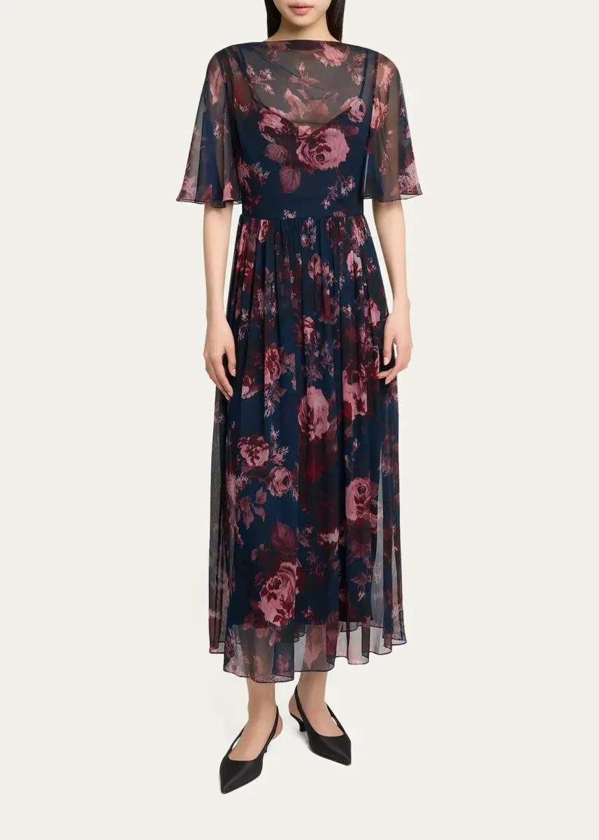 Erdem Floral Silk Creponne Flutter-Sleeve Midi Dress | Thumbnail 2