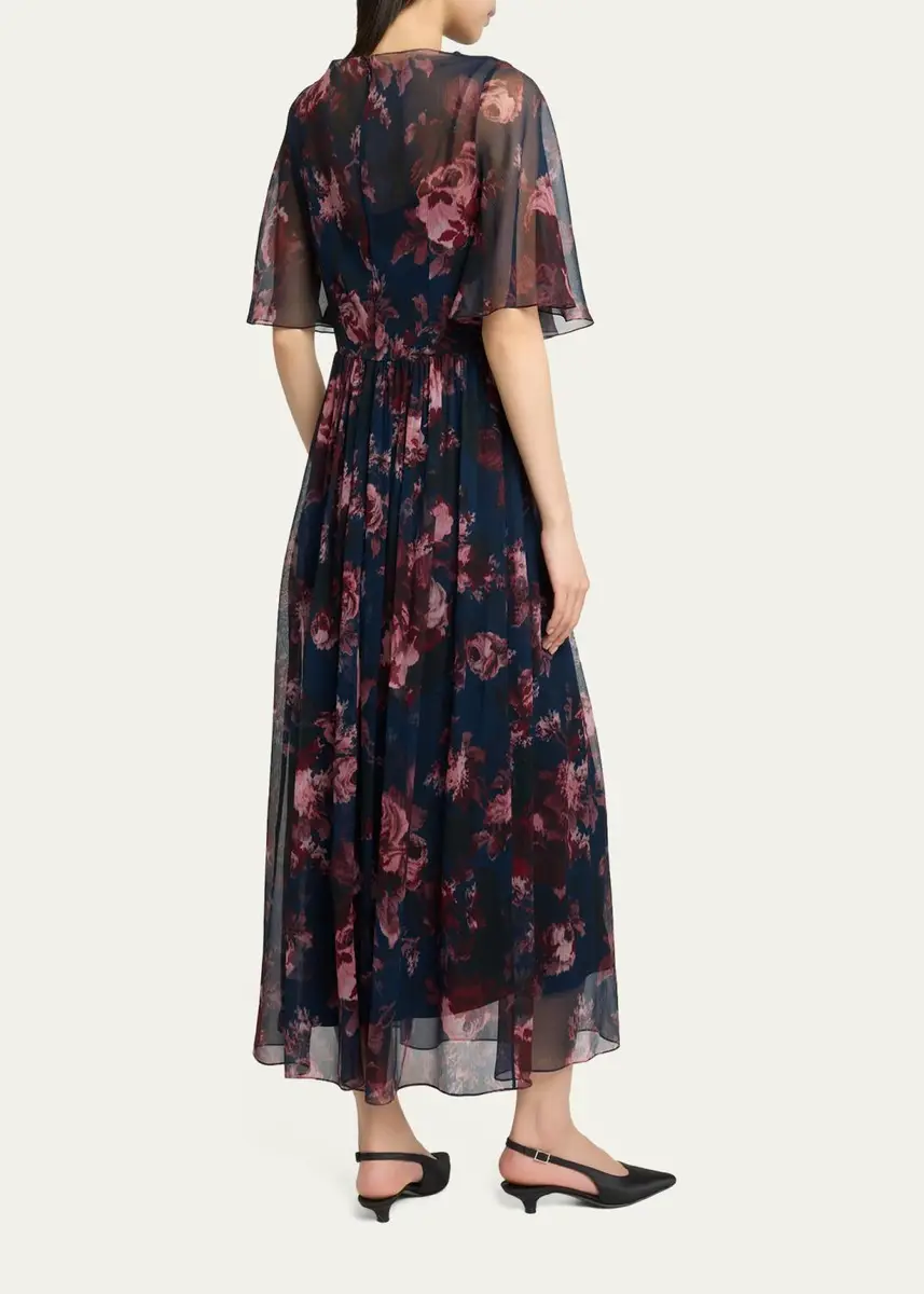 Erdem Floral Silk Creponne Flutter-Sleeve Midi Dress | Thumbnail 3