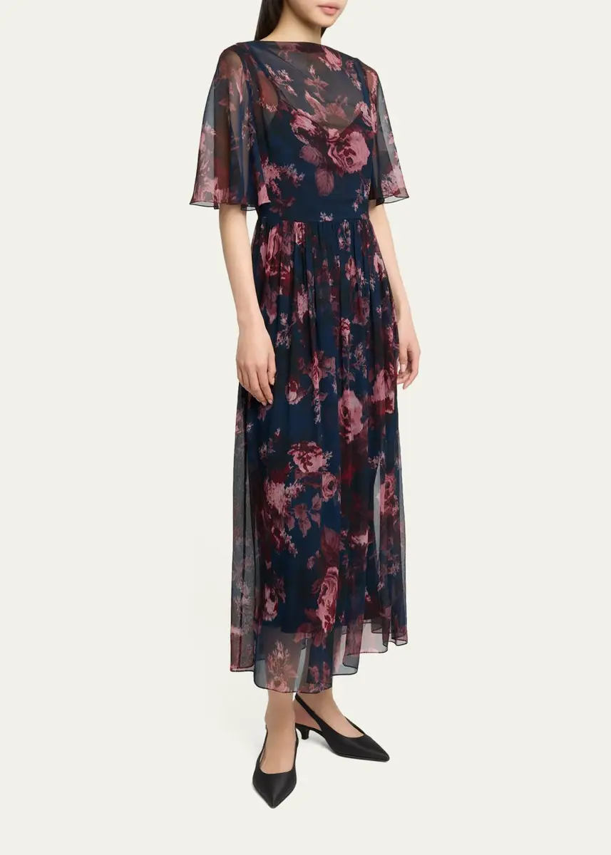 Erdem Floral Silk Creponne Flutter-Sleeve Midi Dress | Thumbnail 4