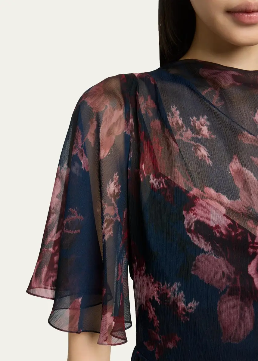 Erdem Floral Silk Creponne Flutter-Sleeve Midi Dress | Thumbnail 5