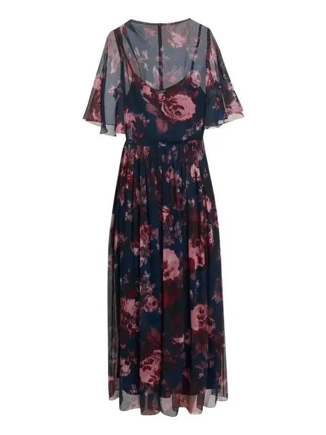 Floral Silk Creponne Flutter-Sleeve Midi Dress