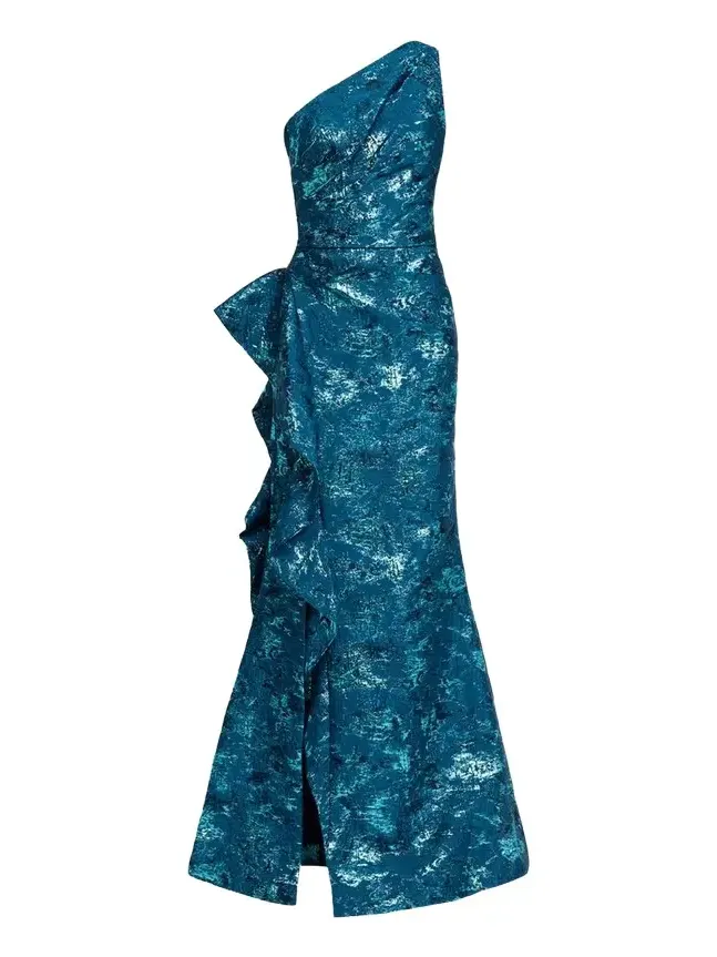 Metallic Jacquard One-Shoulder Side-Ruffle Gown Metallic Jacquard One-Shoulder Side-Ruffle Gown