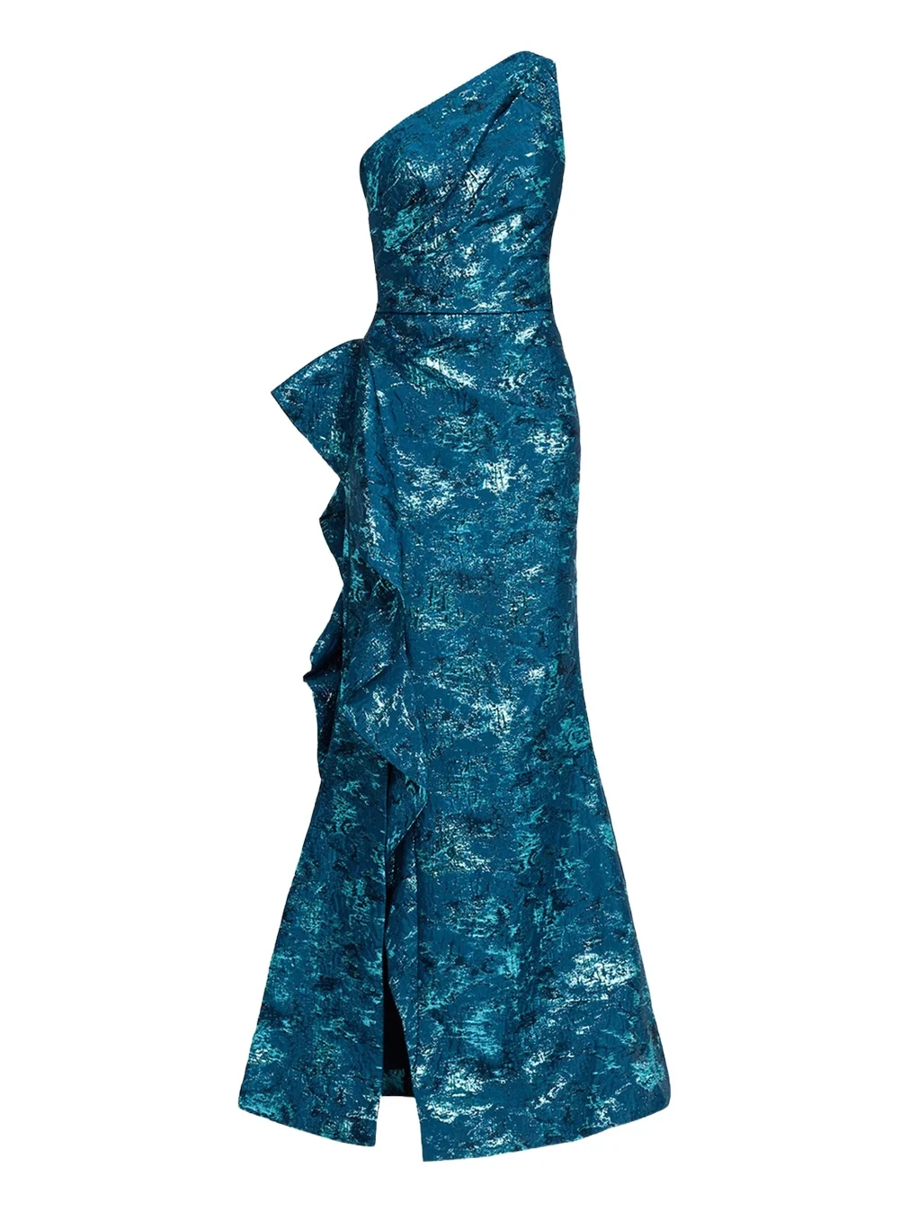 Metallic Jacquard One-Shoulder Side-Ruffle Gown Metallic Jacquard One-Shoulder Side-Ruffle Gown