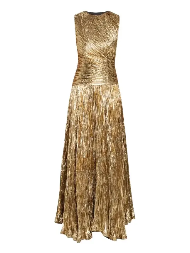 Ulla Johnson Sleeveless Metallic Plisse Drop-Waist Gown