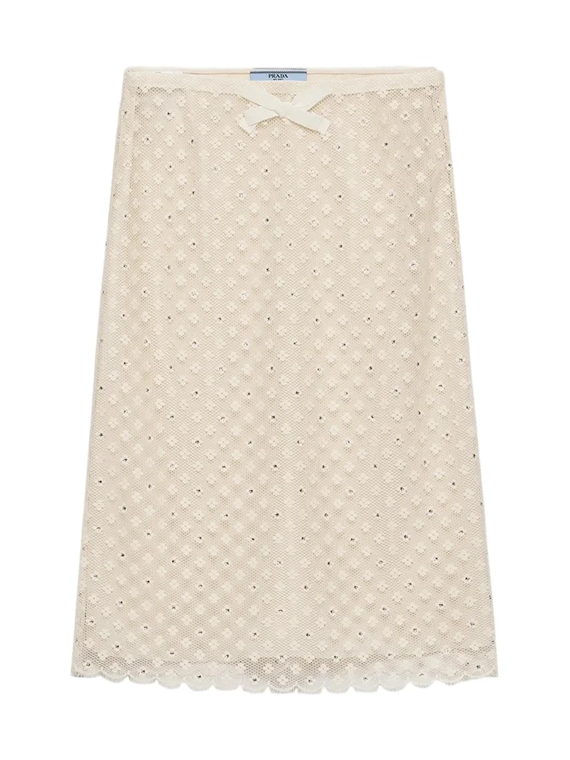 Prada Embellished Floral Mesh A-Line Skirt
