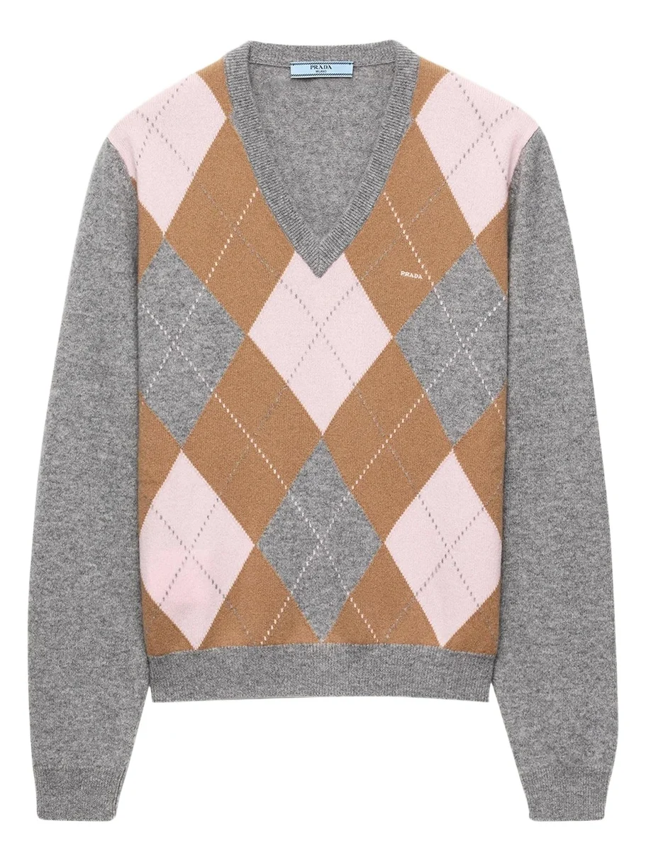 Prada Argyle Cashmere V-Neck Sweater