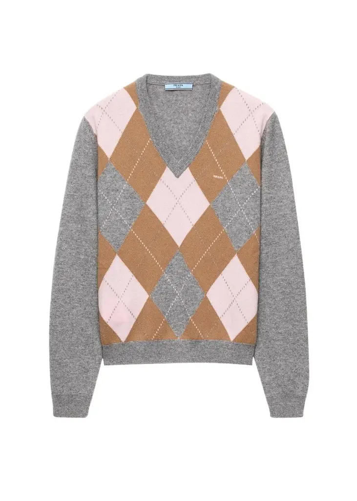 Prada Argyle Cashmere V-Neck Sweater | Image 1 Prada Argyle Cashmere V-Neck Sweater | Image 1