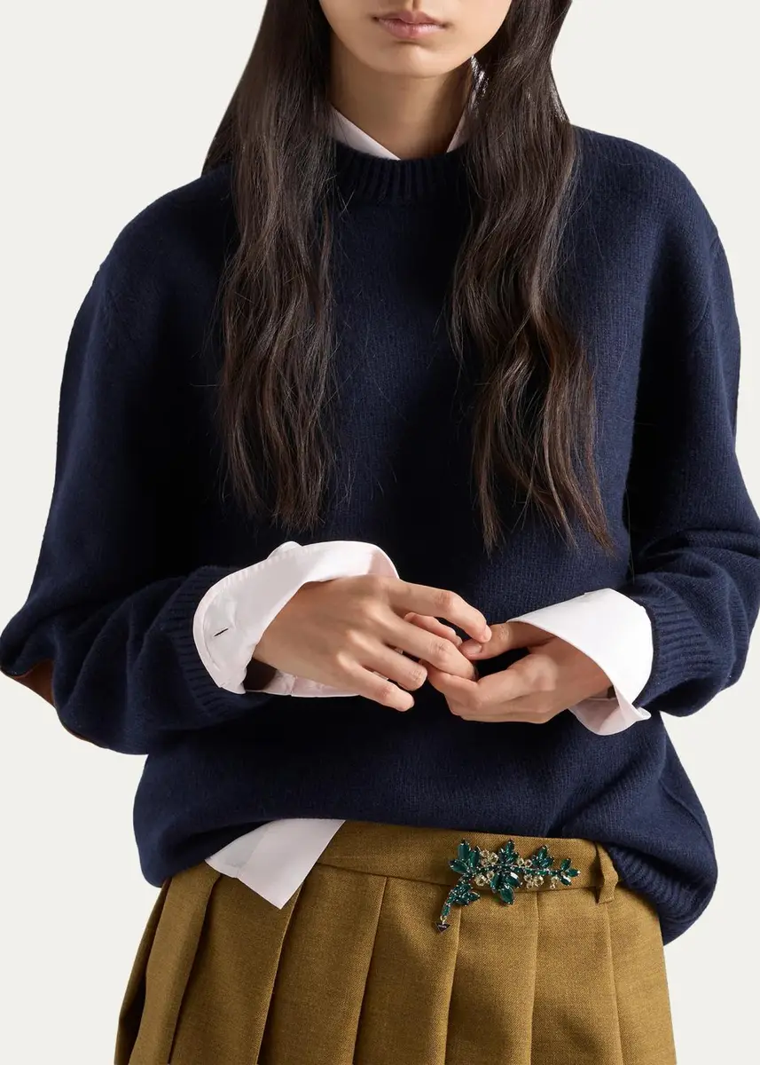 Prada Leather Elbow-Patch Wool Crewneck Sweater | Thumbnail 4 Prada Leather Elbow-Patch Wool Crewneck Sweater | Thumbnail 4