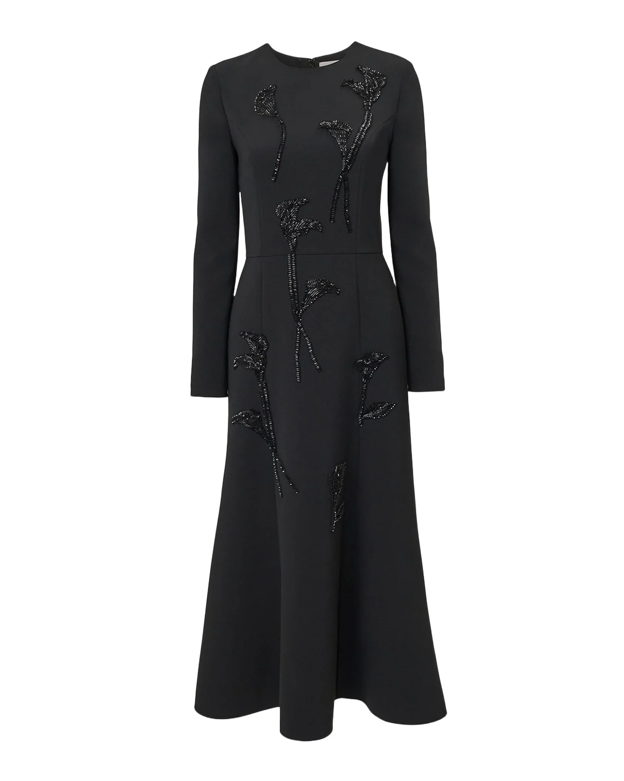 Floral Embellished Long-Sleeve Midi Trumpet Dress