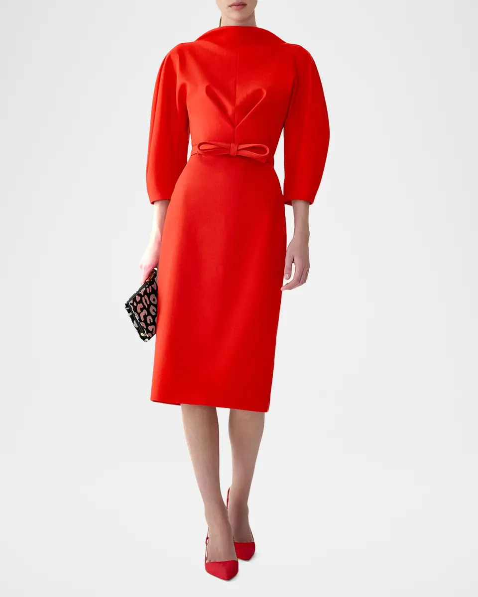 Carolina Herrera Draped High-Neck Wool 3/4-Sleeve Midi Dress | Thumbnail 2 Carolina Herrera Draped High-Neck Wool 3/4-Sleeve Midi Dress | Thumbnail 2