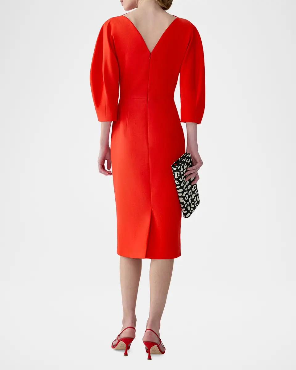Carolina Herrera Draped High-Neck Wool 3/4-Sleeve Midi Dress | Thumbnail 3 Carolina Herrera Draped High-Neck Wool 3/4-Sleeve Midi Dress | Thumbnail 3