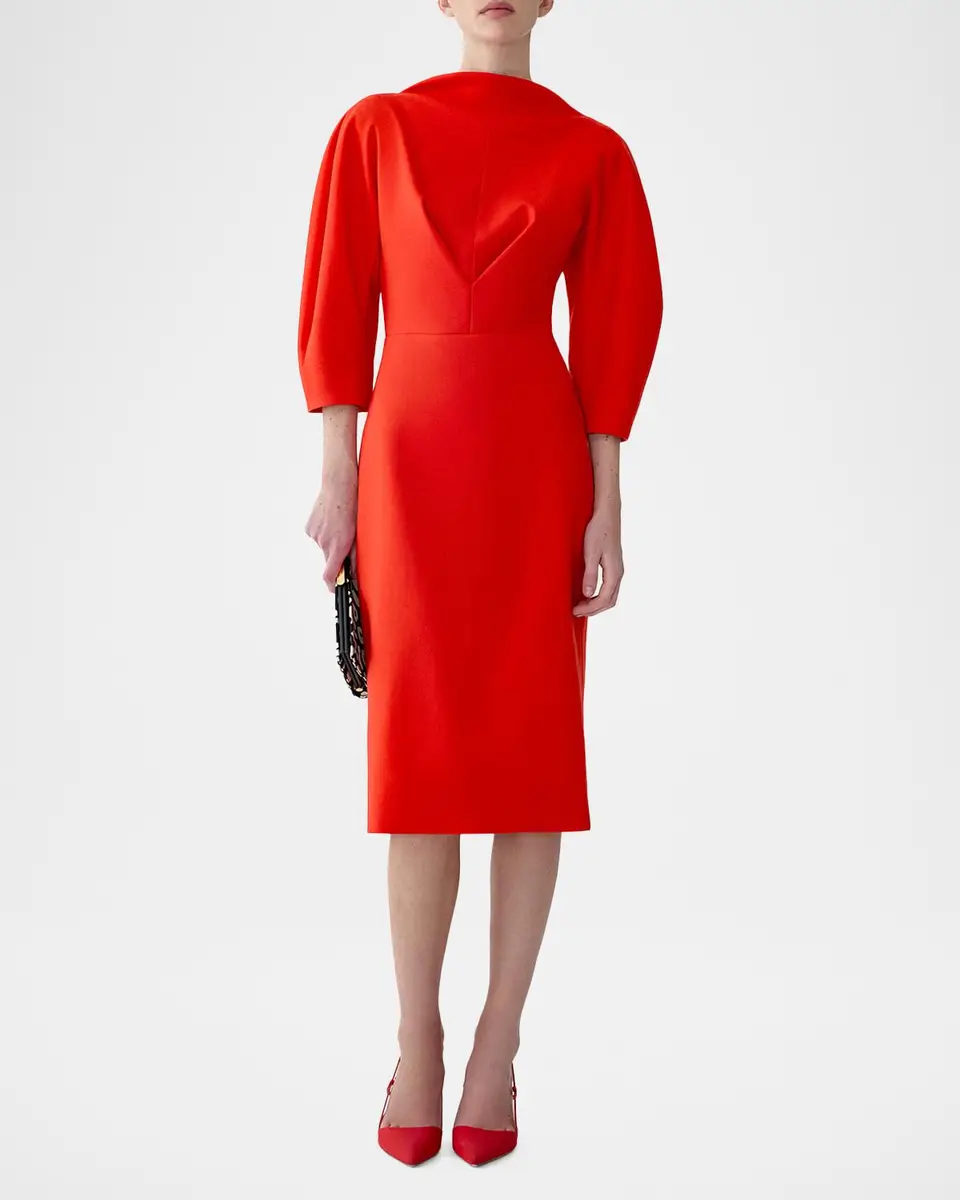 Carolina Herrera Draped High-Neck Wool 3/4-Sleeve Midi Dress | Thumbnail 4 Carolina Herrera Draped High-Neck Wool 3/4-Sleeve Midi Dress | Thumbnail 4
