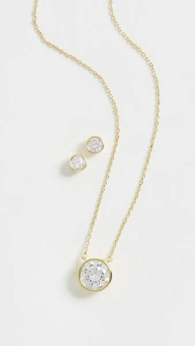 By Adina Eden Cubic Zirconia Bezel Necklace & Earring Set Gold | Thumbnail 2 By Adina Eden Cubic Zirconia Bezel Necklace & Earring Set Gold | Thumbnail 2