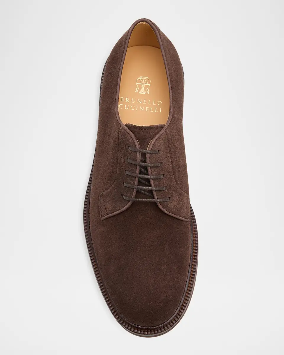 Brunello Cucinelli Men's Suede Lug-Sole Derby Shoes | Thumbnail 4