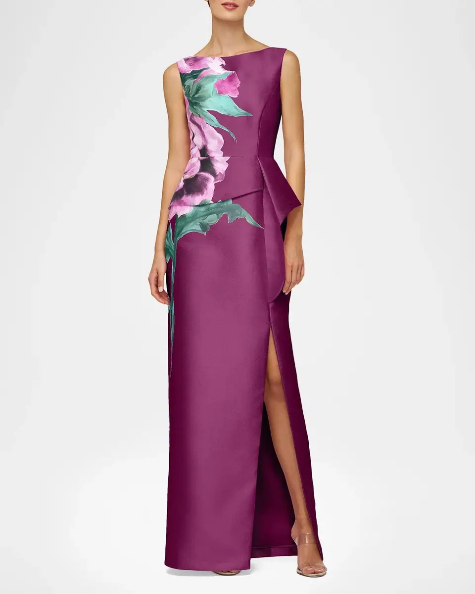 Kay Unger New York Luciana Satin Floral Column Gown | Thumbnail 2