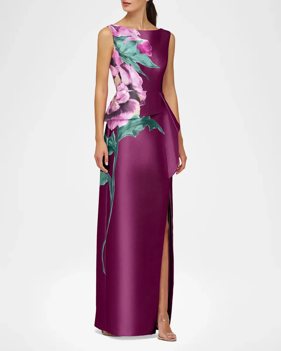 Kay Unger New York Luciana Satin Floral Column Gown | Thumbnail 4
