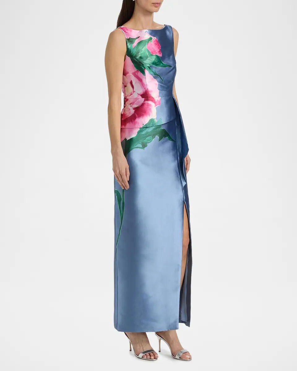 Kay Unger New York Luciana Satin Floral Column Gown | Thumbnail 7