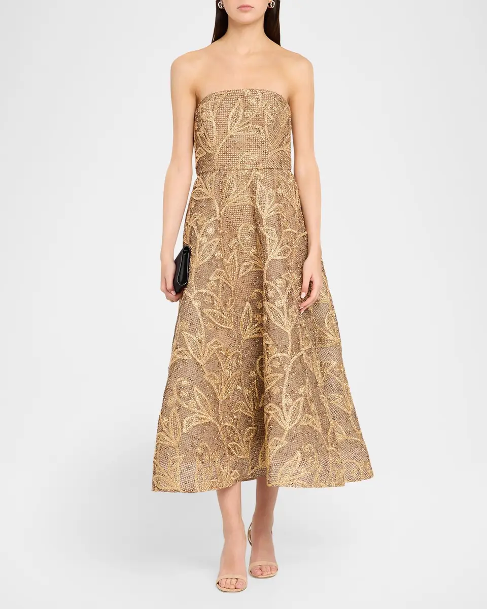 Milly Petunia Strapless Embroidered Metallic Midi Dress | Thumbnail 2 Milly Petunia Strapless Embroidered Metallic Midi Dress | Thumbnail 2