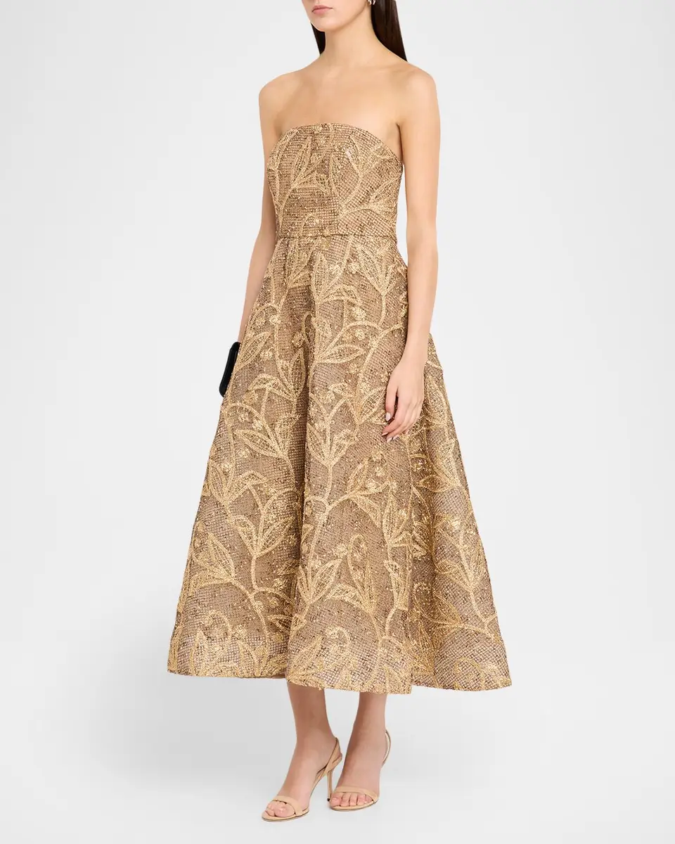 Milly Petunia Strapless Embroidered Metallic Midi Dress | Thumbnail 4 Milly Petunia Strapless Embroidered Metallic Midi Dress | Thumbnail 4
