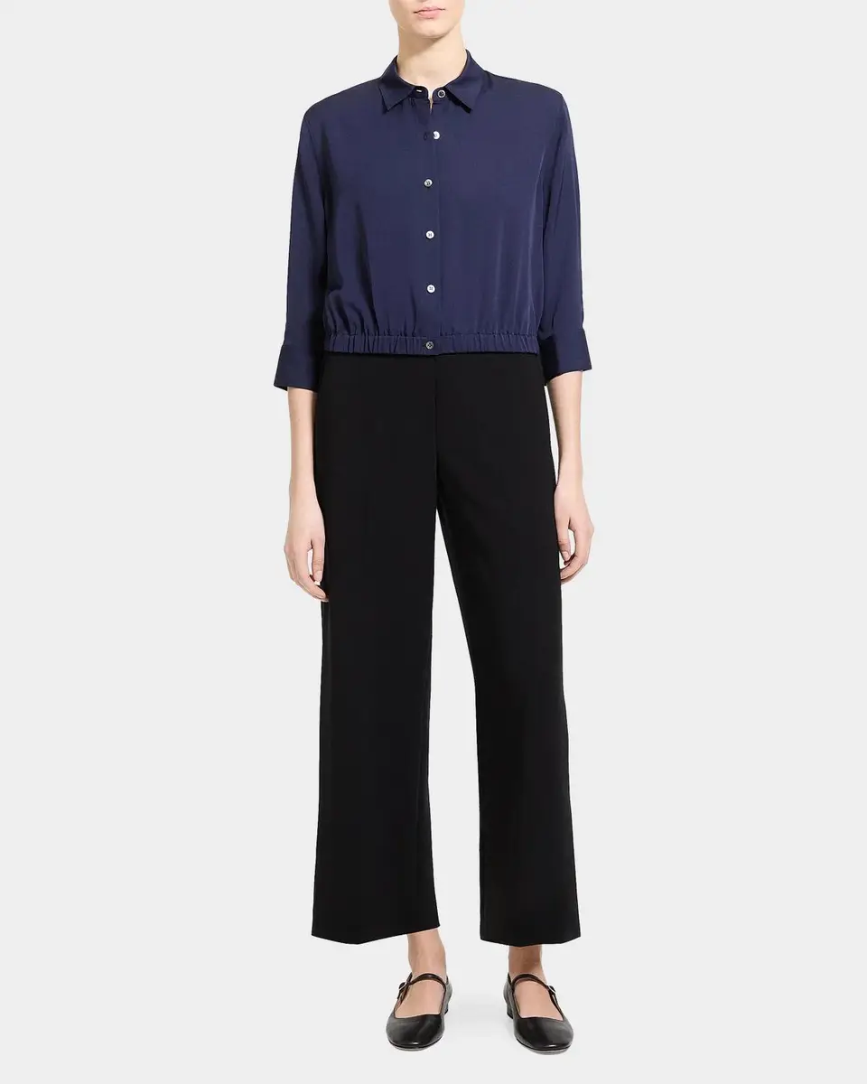 Theory Scrunched-Sleeve Cropped Button-Front Silk Shirt | Thumbnail 2