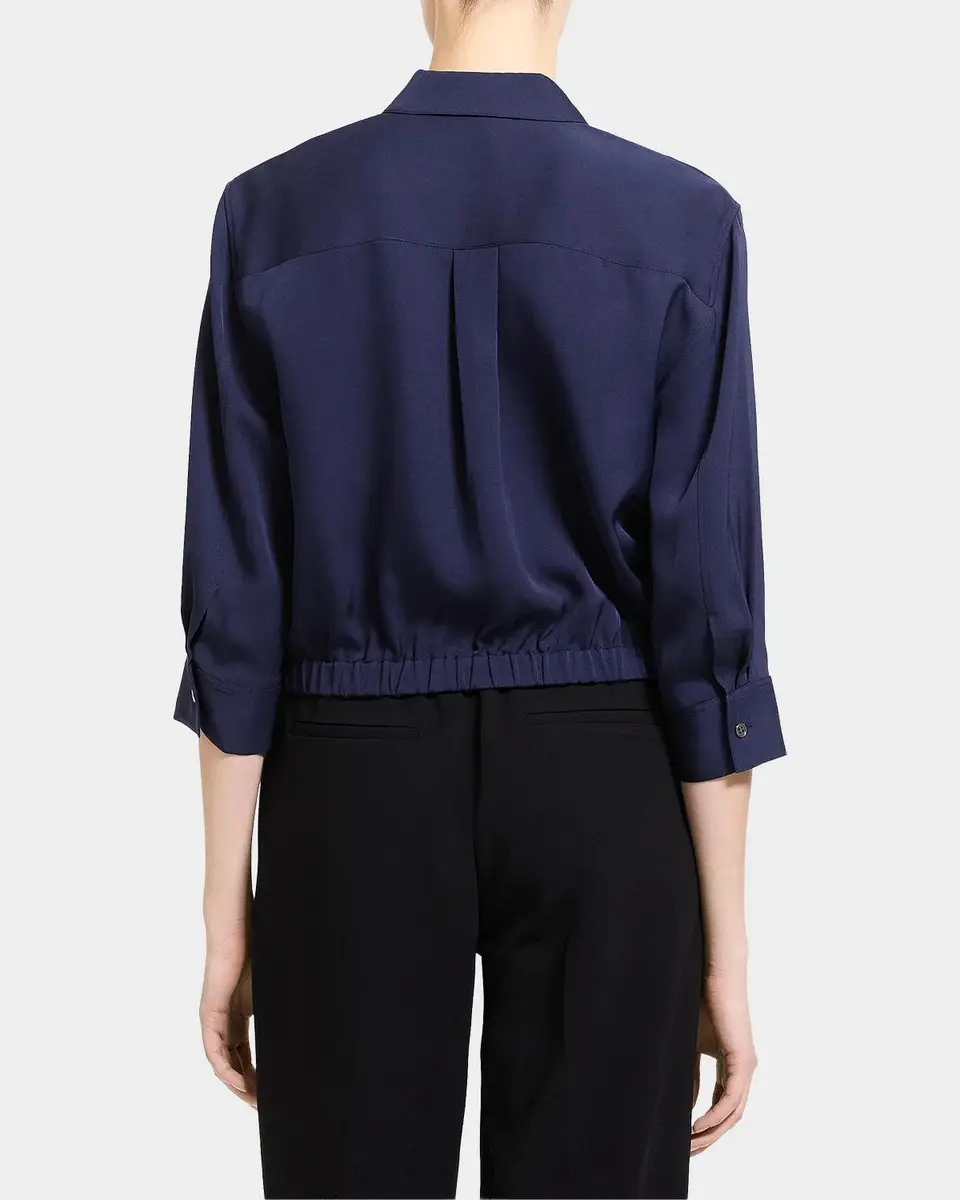 Theory Scrunched-Sleeve Cropped Button-Front Silk Shirt | Thumbnail 3