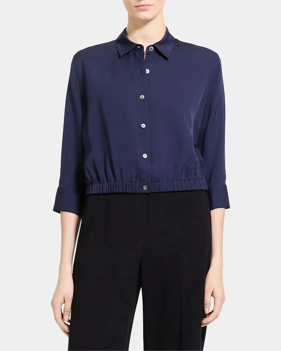 Theory Scrunched-Sleeve Cropped Button-Front Silk Shirt | Thumbnail 4