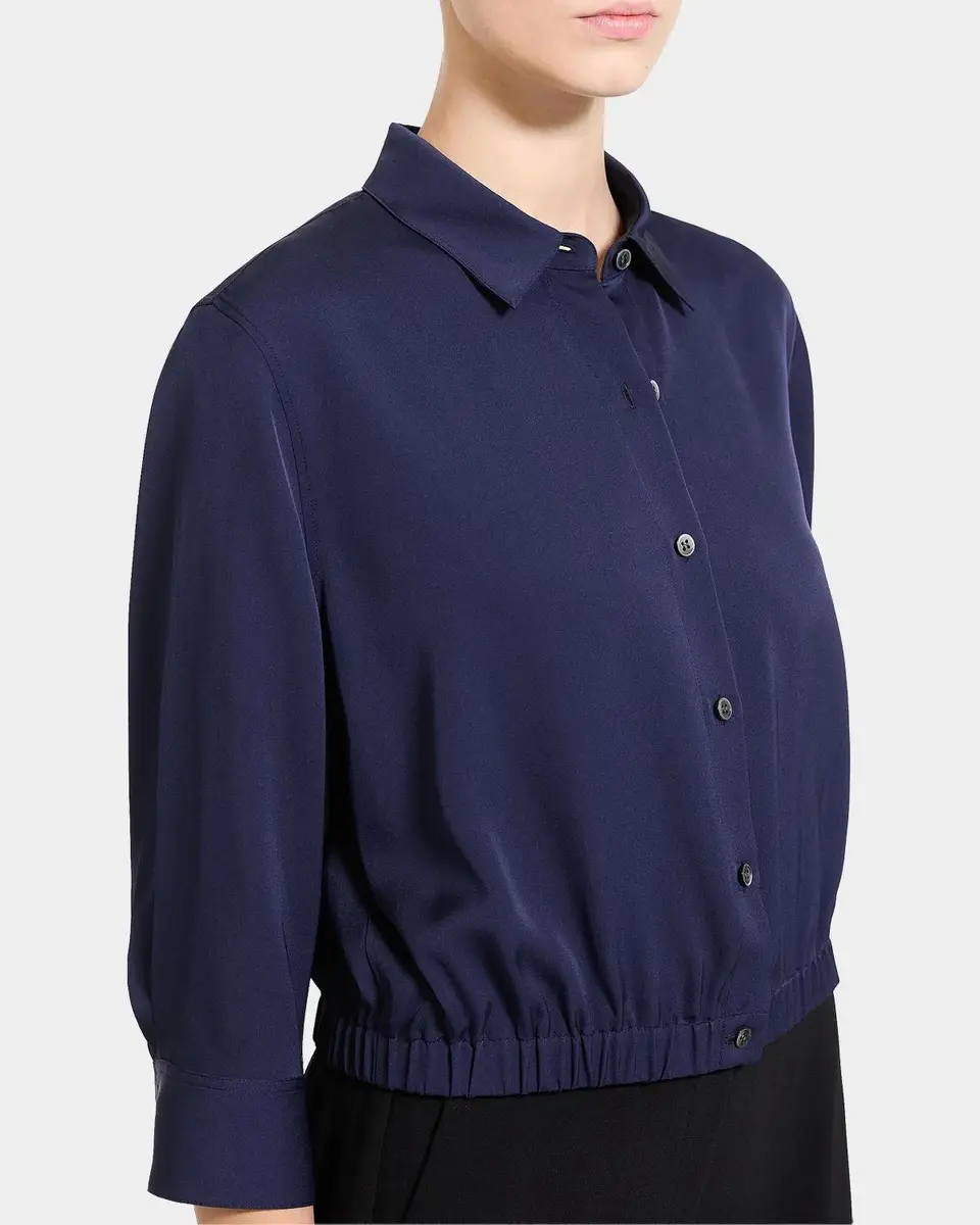 Theory Scrunched-Sleeve Cropped Button-Front Silk Shirt | Thumbnail 5