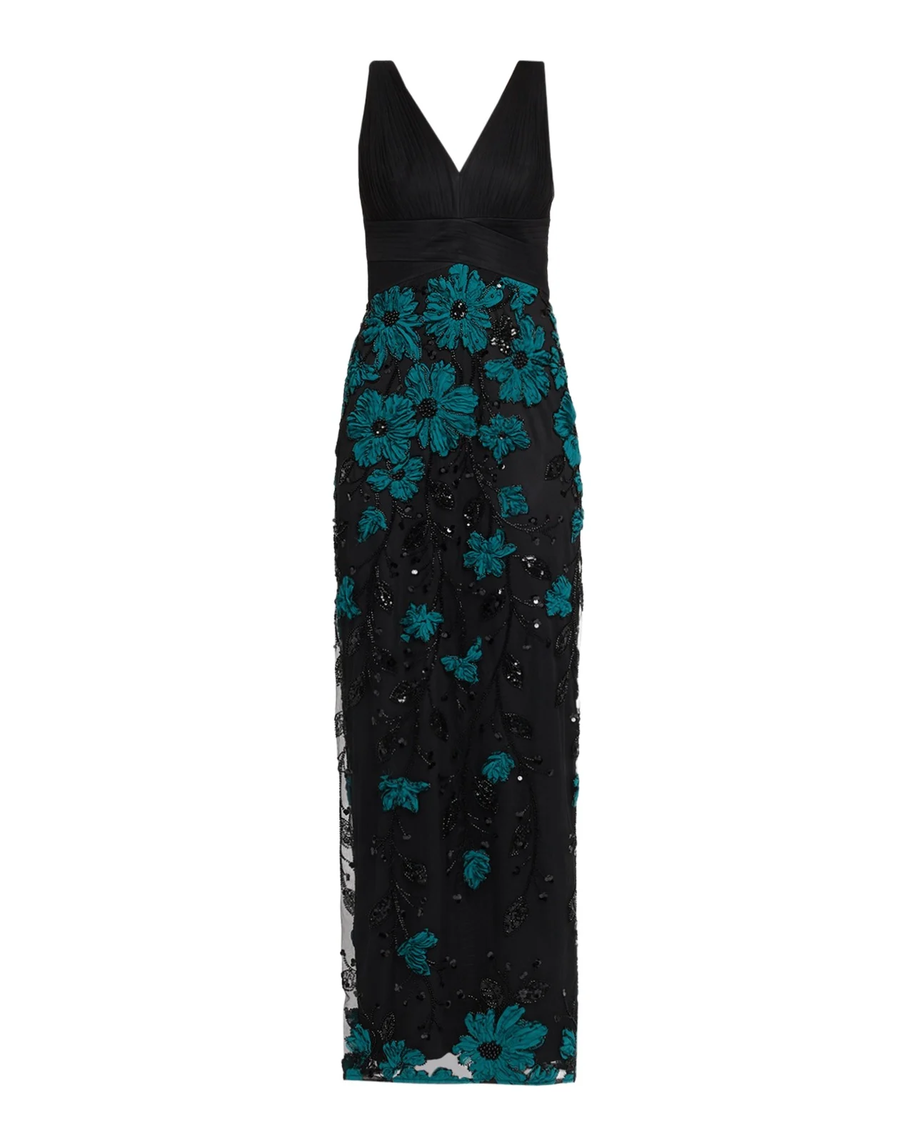 Aidan Mattox Beaded Floral-Embroidered Column Gown