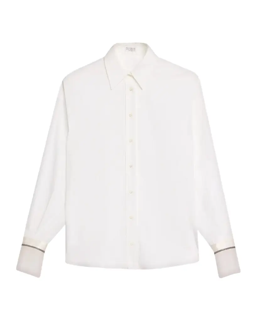 Brunello Cucinelli Monili Sheer-Cuff Cotton Button-Down Shirt