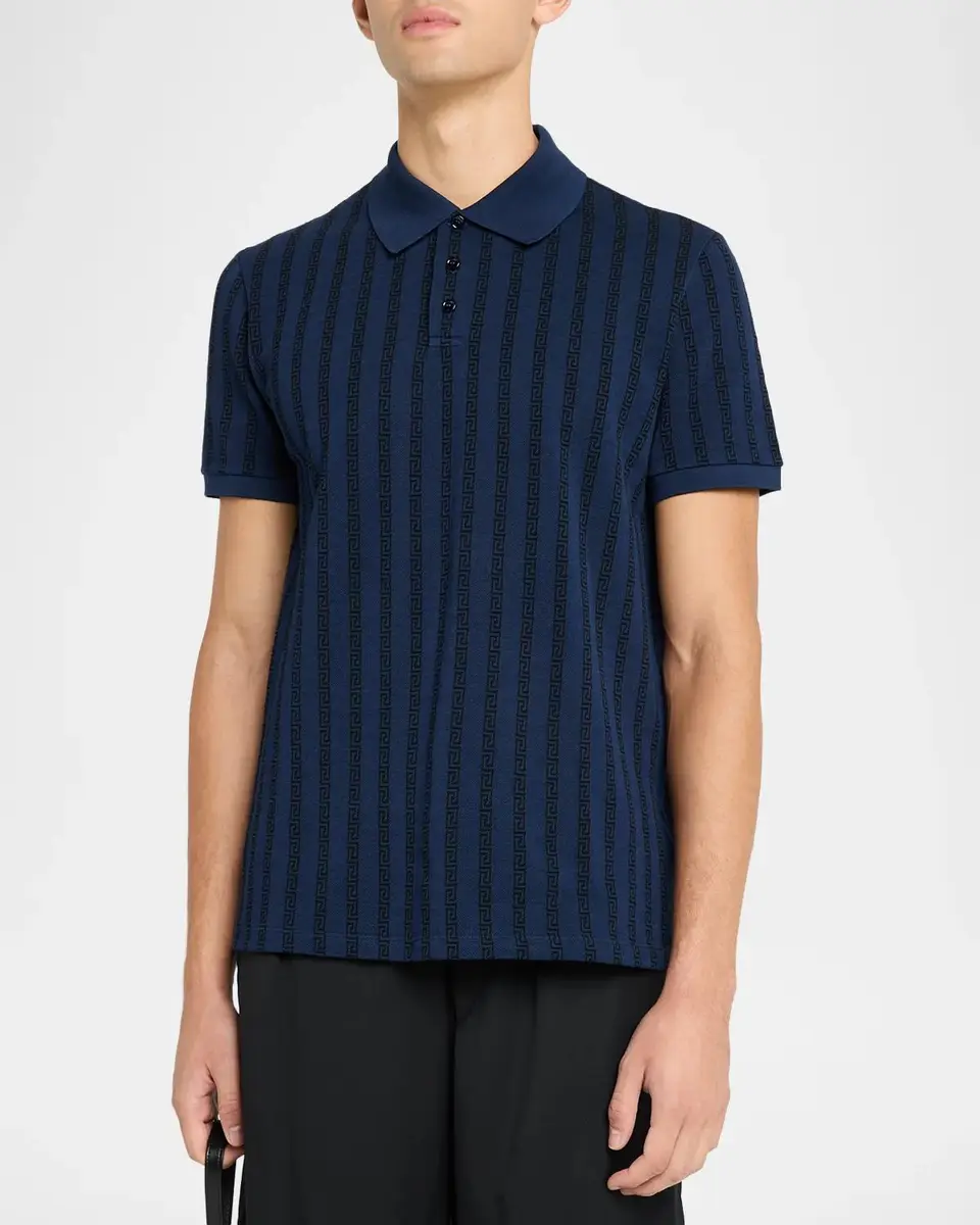 Versace Men's Cotton Greca-Stripe Polo Shirt | Thumbnail 4 Versace Men's Cotton Greca-Stripe Polo Shirt | Thumbnail 4