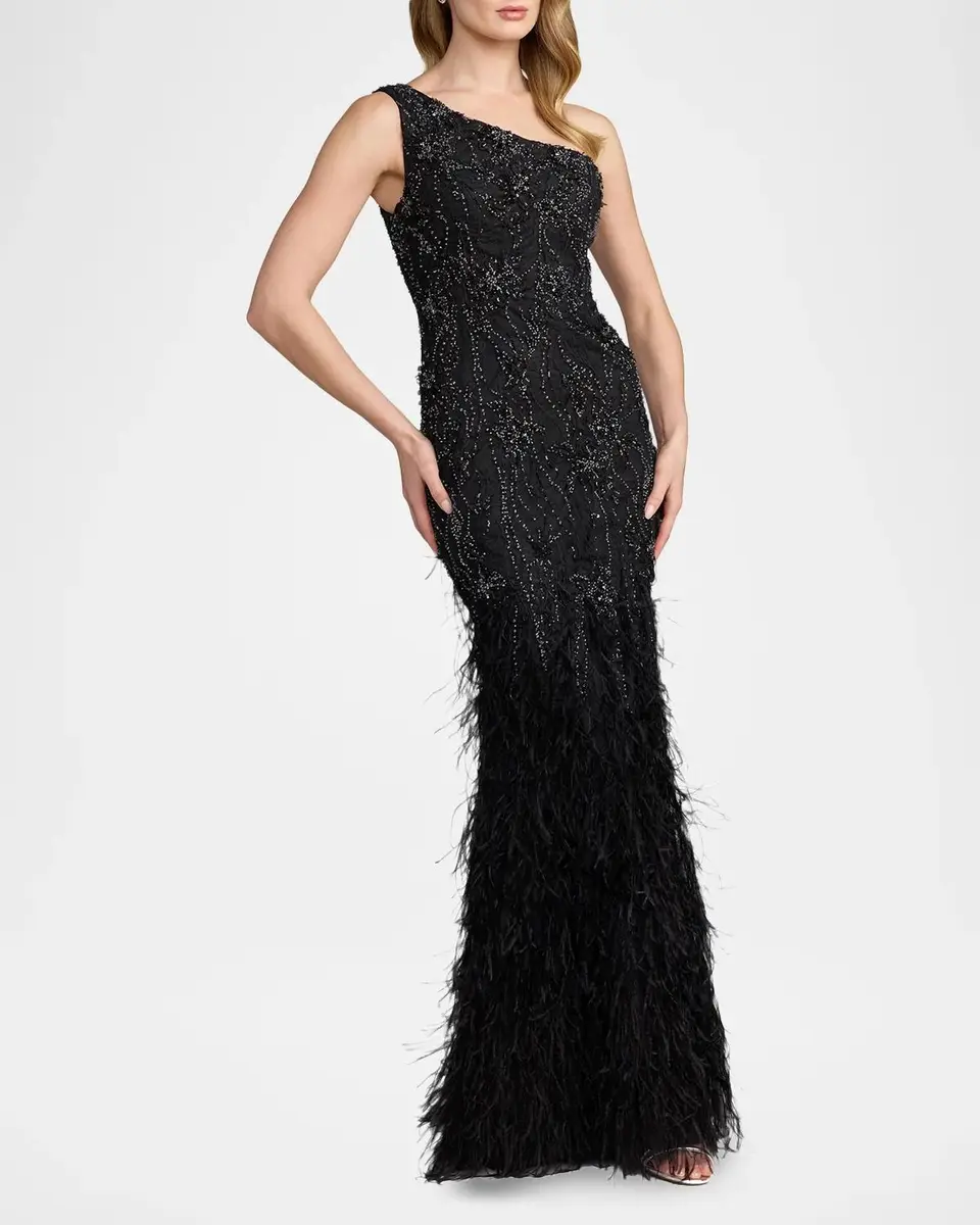 Mac Duggal Embellished Lace One-Shoulder Feather Gown | Thumbnail 2 Mac Duggal Embellished Lace One-Shoulder Feather Gown | Thumbnail 2