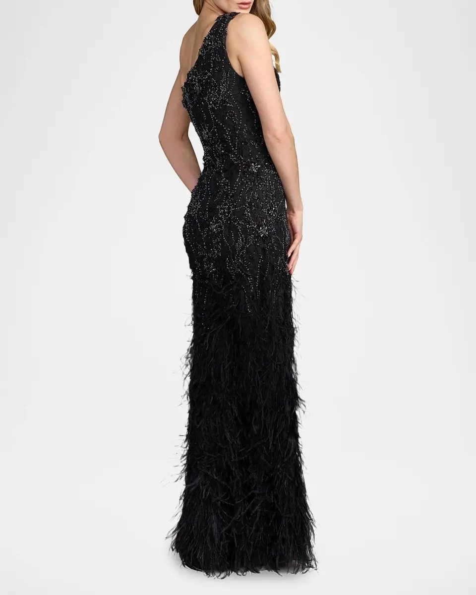 Mac Duggal Embellished Lace One-Shoulder Feather Gown | Thumbnail 3 Mac Duggal Embellished Lace One-Shoulder Feather Gown | Thumbnail 3