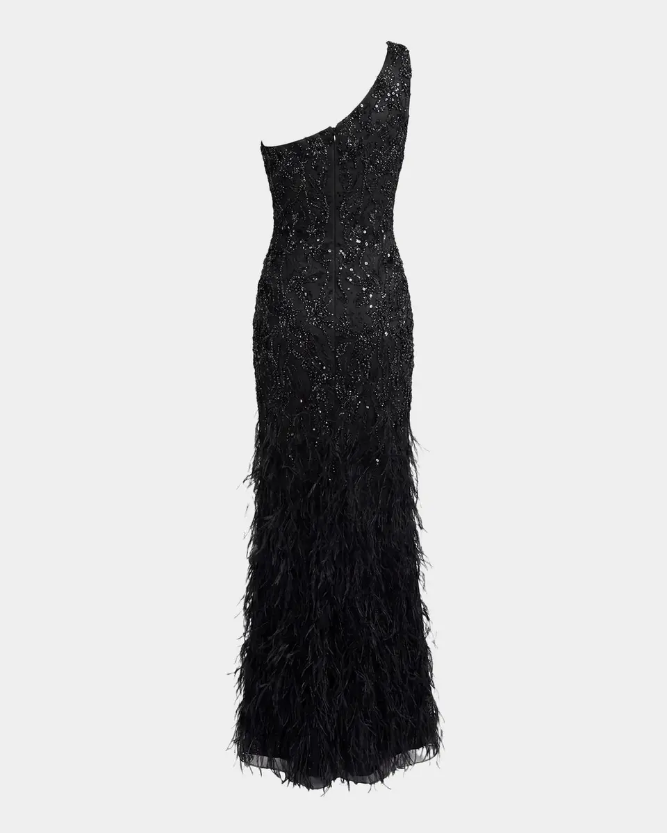 Mac Duggal Embellished Lace One-Shoulder Feather Gown | Thumbnail 5 Mac Duggal Embellished Lace One-Shoulder Feather Gown | Thumbnail 5