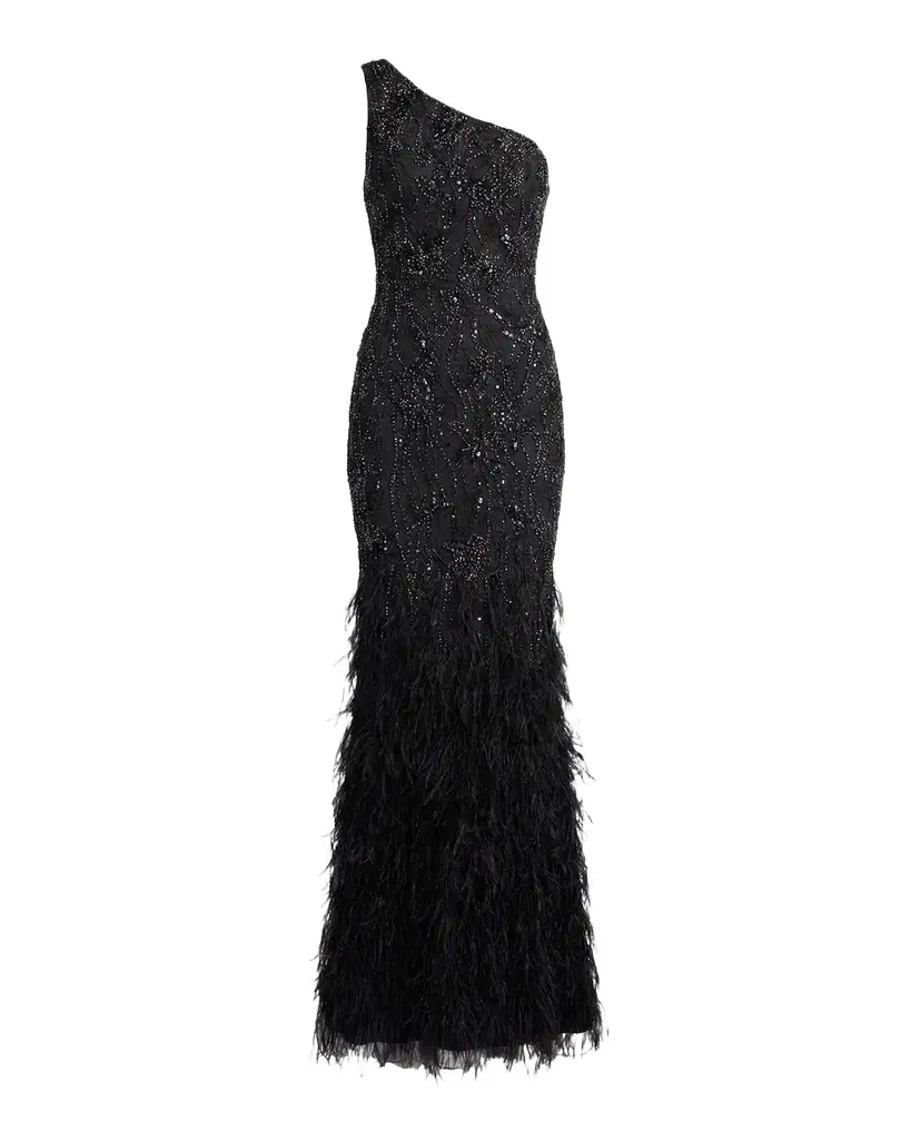 Mac Duggal Embellished Lace One-Shoulder Feather Gown