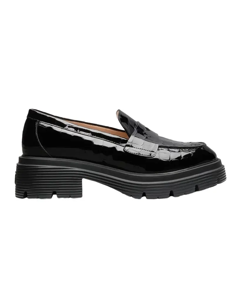 Stuart Weitzman Hudson 20MM Croc-Embossed Patent Leather Penny Loafers | Image 1 Stuart Weitzman Hudson 20MM Croc-Embossed Patent Leather Penny Loafers | Image 1