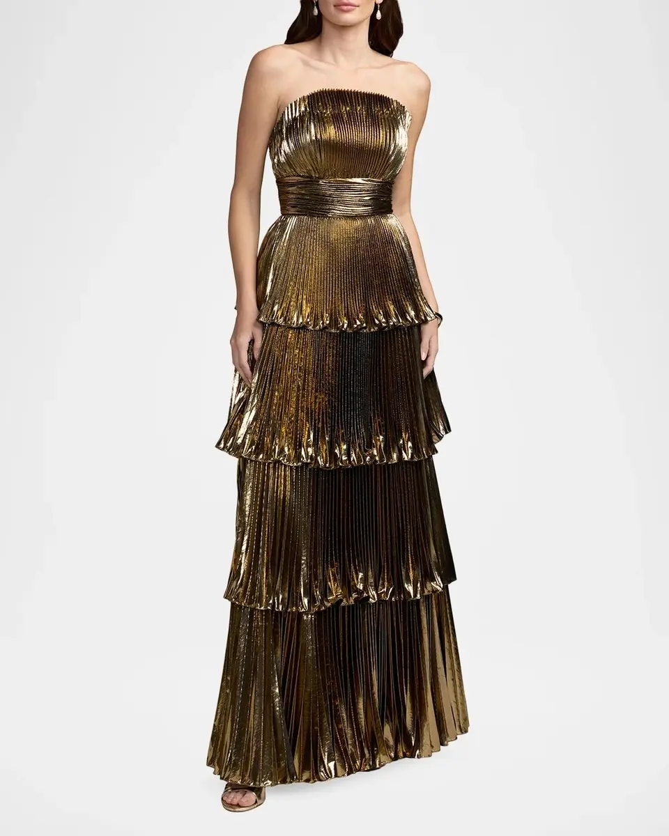 Mac Duggal Metallic Pleated Tiered Strapless Gown | Thumbnail 2 Mac Duggal Metallic Pleated Tiered Strapless Gown | Thumbnail 2