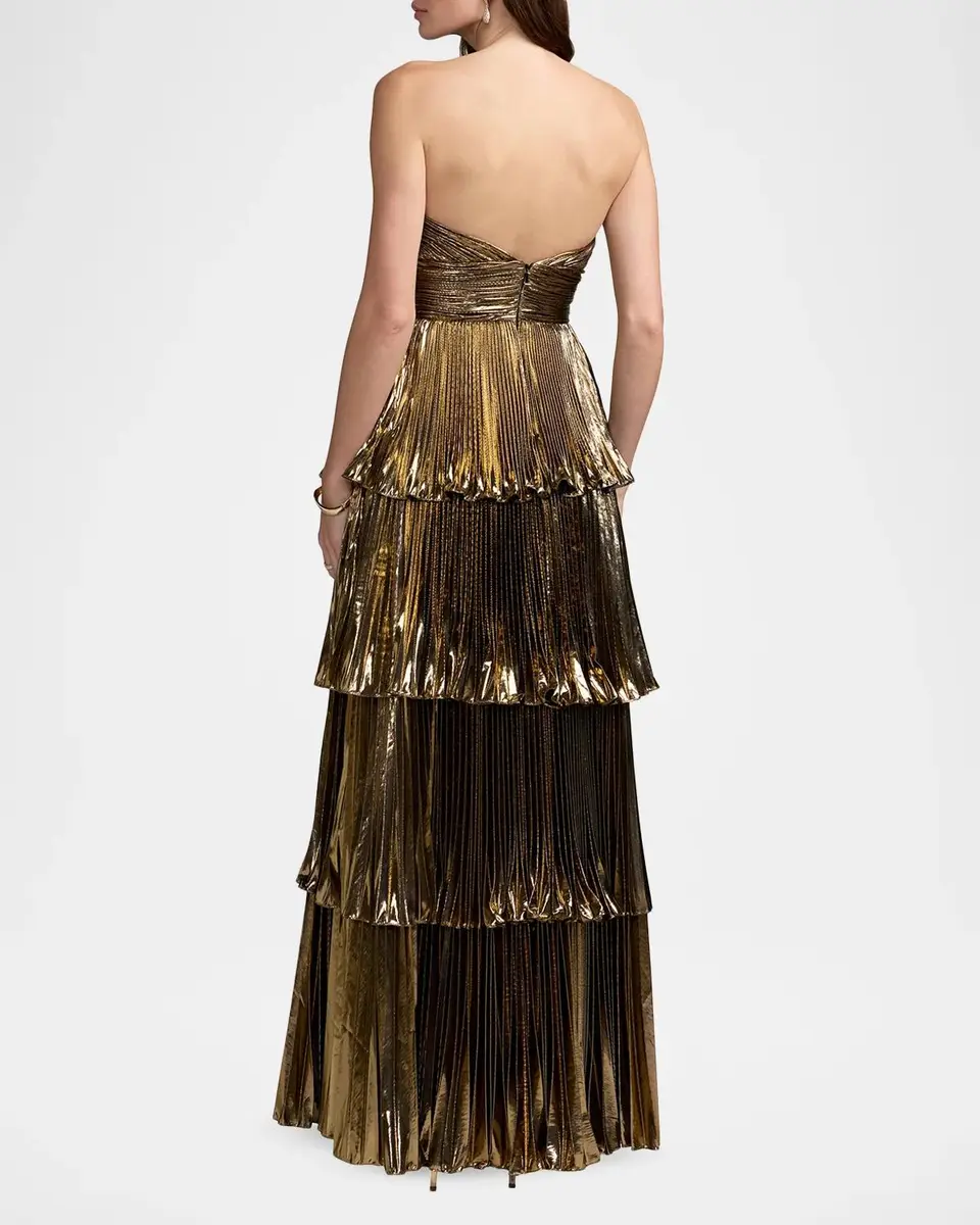 Mac Duggal Metallic Pleated Tiered Strapless Gown | Thumbnail 3 Mac Duggal Metallic Pleated Tiered Strapless Gown | Thumbnail 3