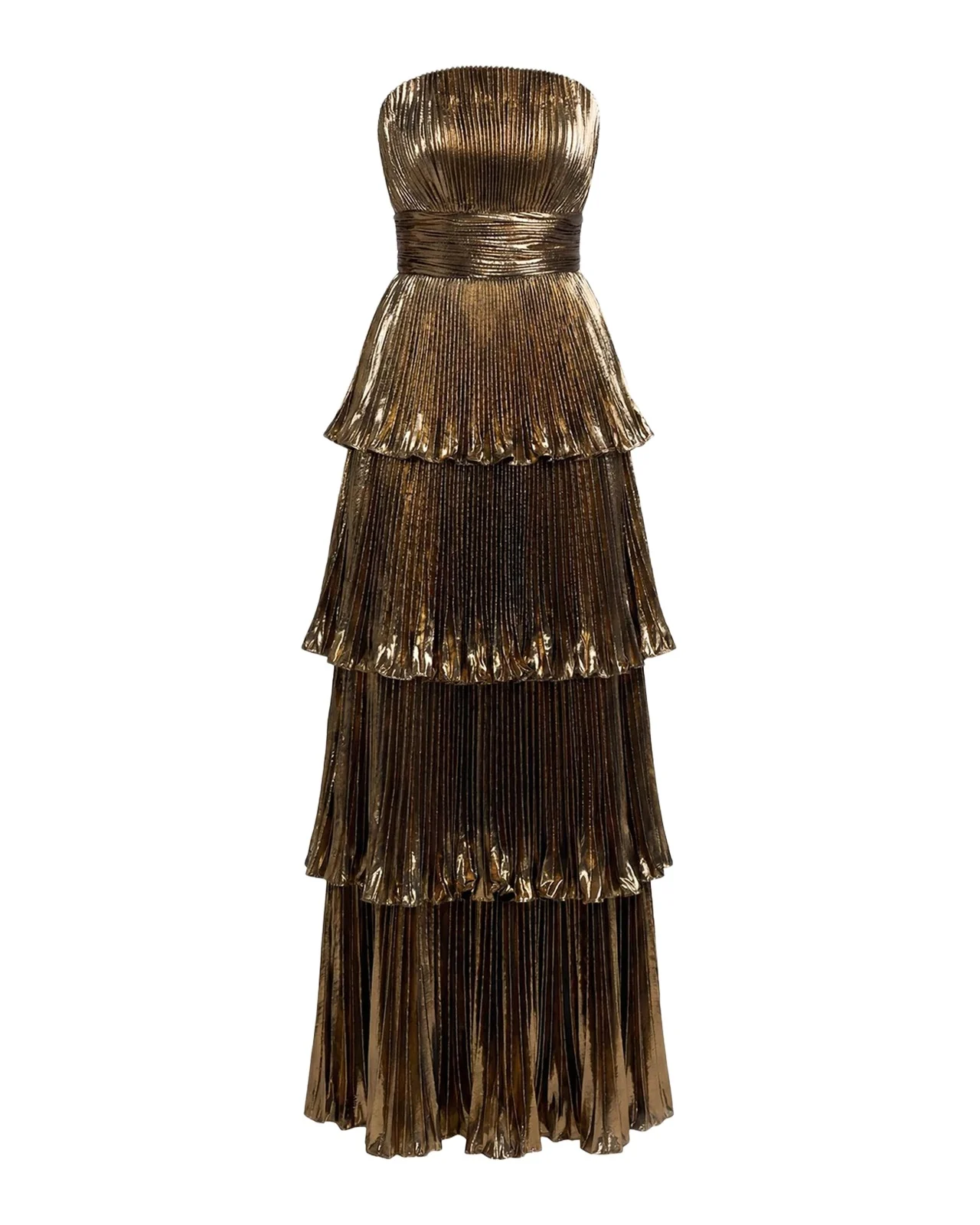 Mac Duggal Metallic Pleated Tiered Strapless Gown