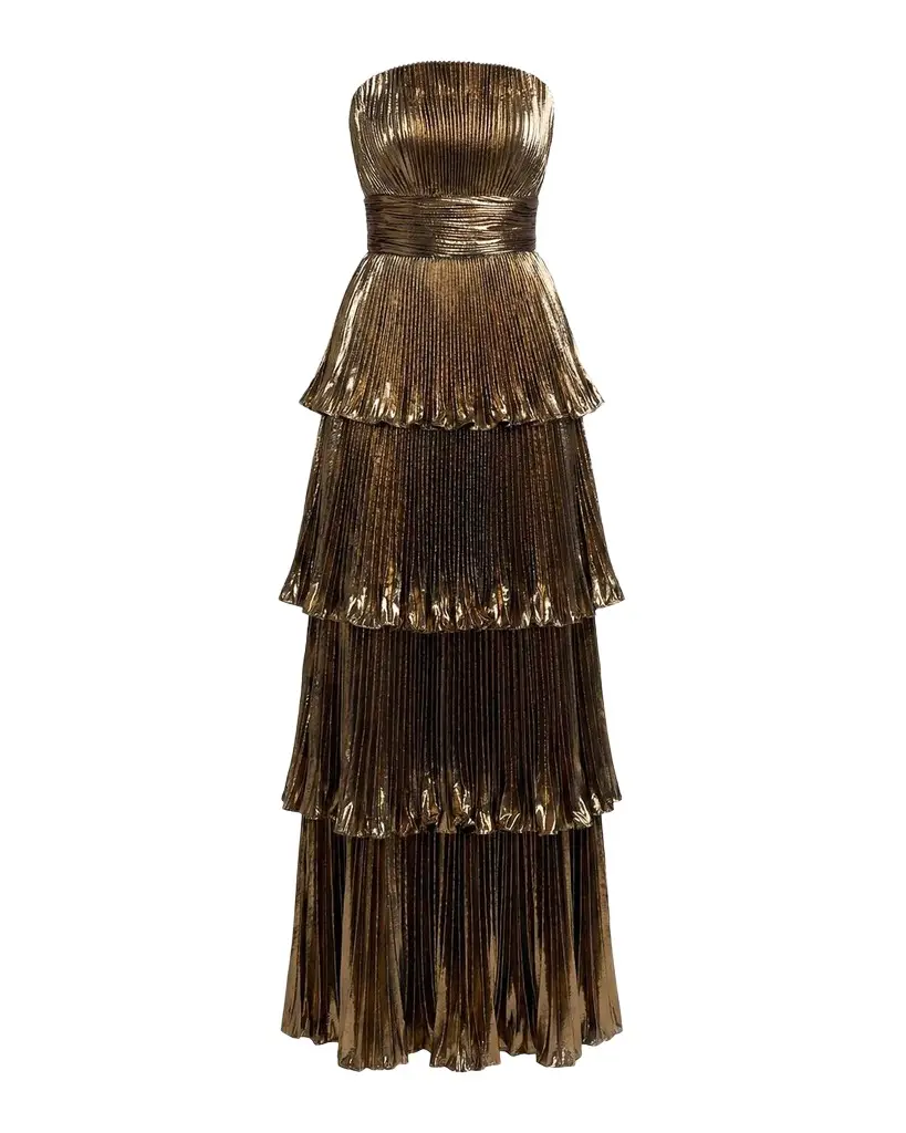 Metallic Pleated Tiered Strapless Gown Metallic Pleated Tiered Strapless Gown