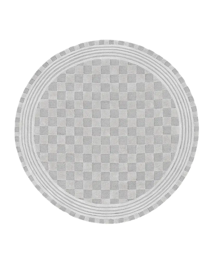 MacKenzie-Childs Light Grey Tonal Check Rug, 6 ' Round | Image 1 MacKenzie-Childs Light Grey Tonal Check Rug, 6 ' Round | Image 1
