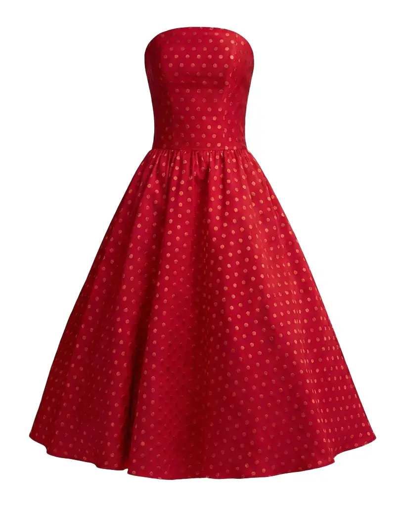 Mac Duggal Polka Dot Brocade Strapless Midi Dress | Image 1 Mac Duggal Polka Dot Brocade Strapless Midi Dress | Image 1