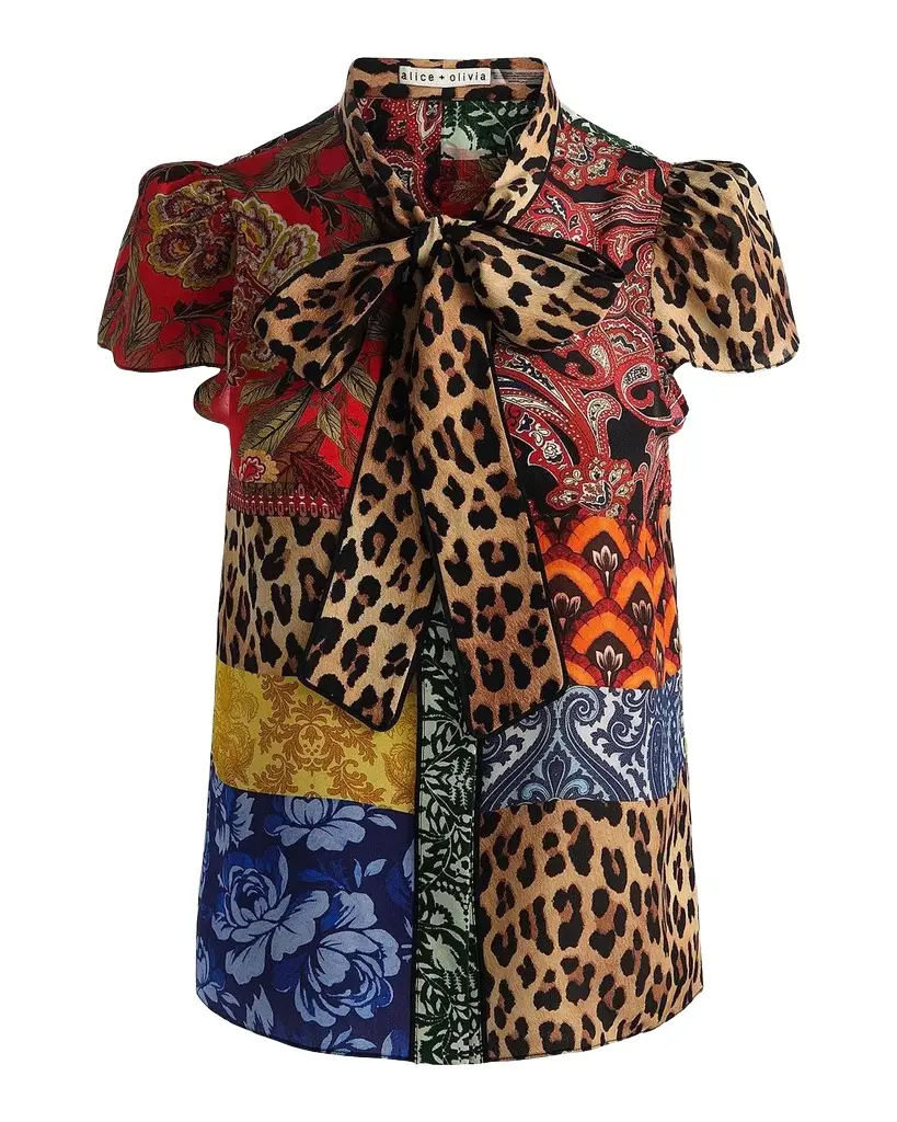 Alice + Olivia Jeannie Printed Silk Pussy-Bow Shirt | Image 1 Alice + Olivia Jeannie Printed Silk Pussy-Bow Shirt | Image 1