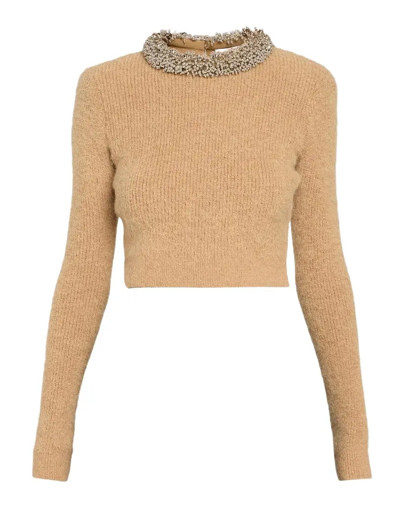 Self-Portrait Beaded Trim Cropped Knit Sweater