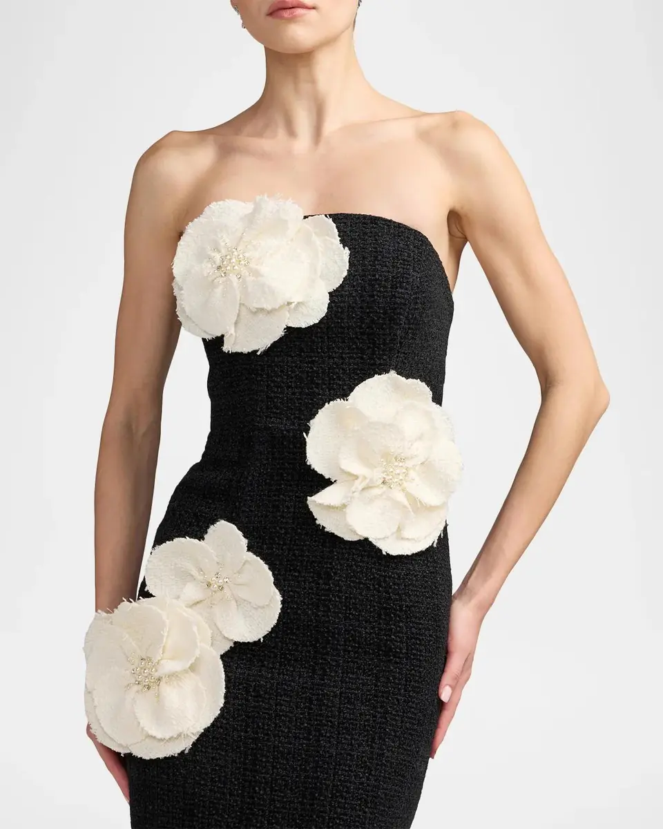 Mac Duggal Floral Appliqué Bouclé Strapless Midi Dress | Thumbnail 4 Mac Duggal Floral Appliqué Bouclé Strapless Midi Dress | Thumbnail 4