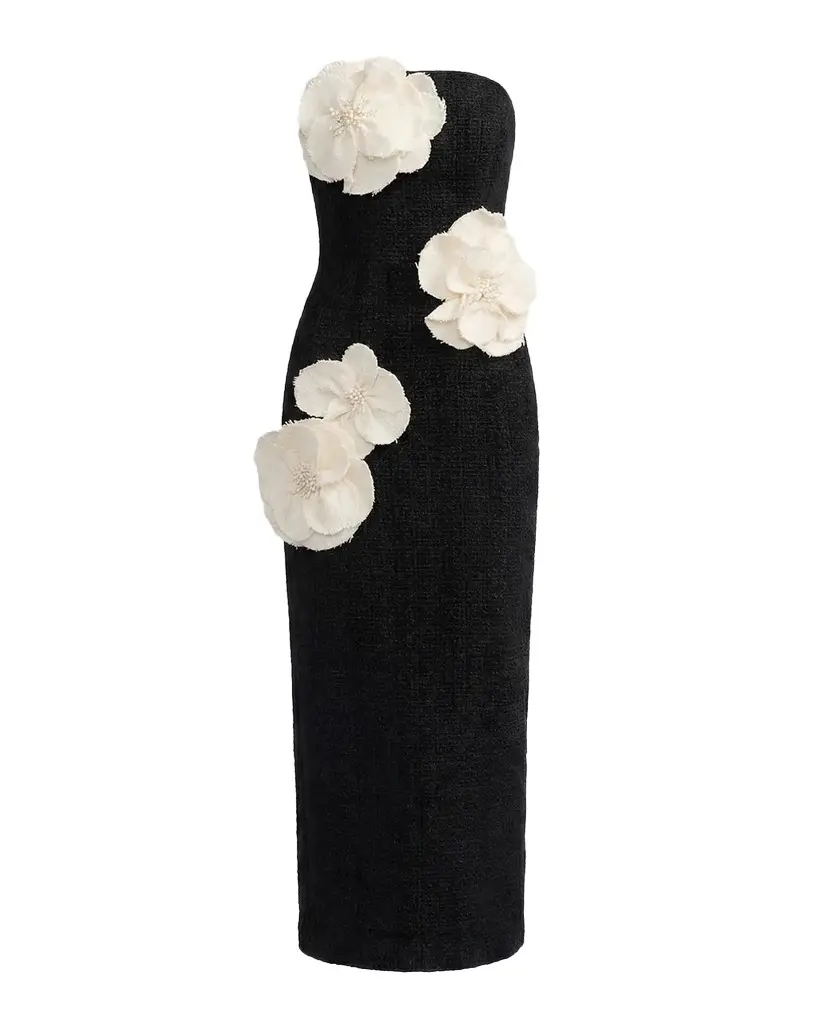 Mac Duggal Floral Appliqué Bouclé Strapless Midi Dress | Image 1 Mac Duggal Floral Appliqué Bouclé Strapless Midi Dress | Image 1
