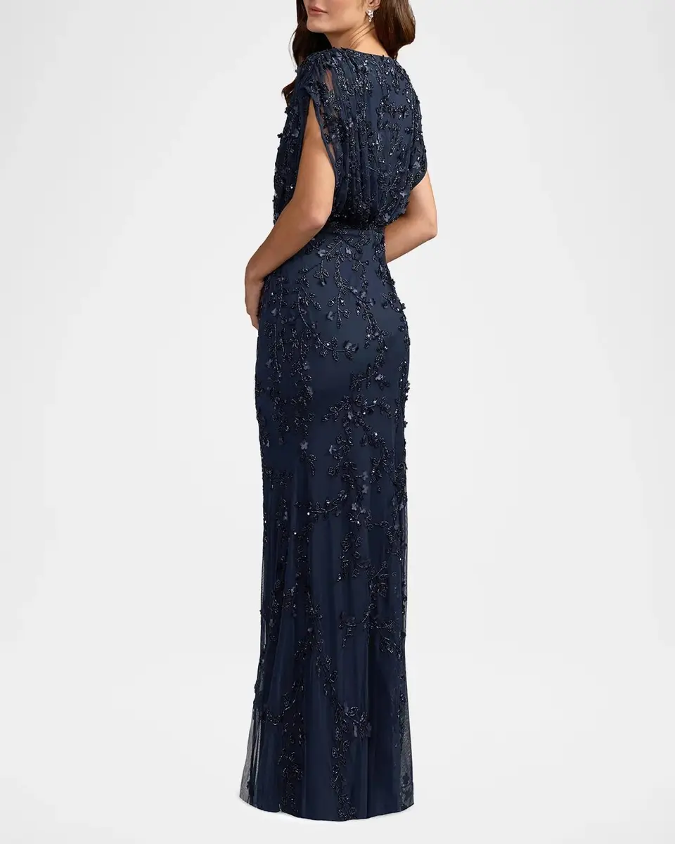 Mac Duggal Beaded Draped Mesh Column Gown | Thumbnail 3 Mac Duggal Beaded Draped Mesh Column Gown | Thumbnail 3